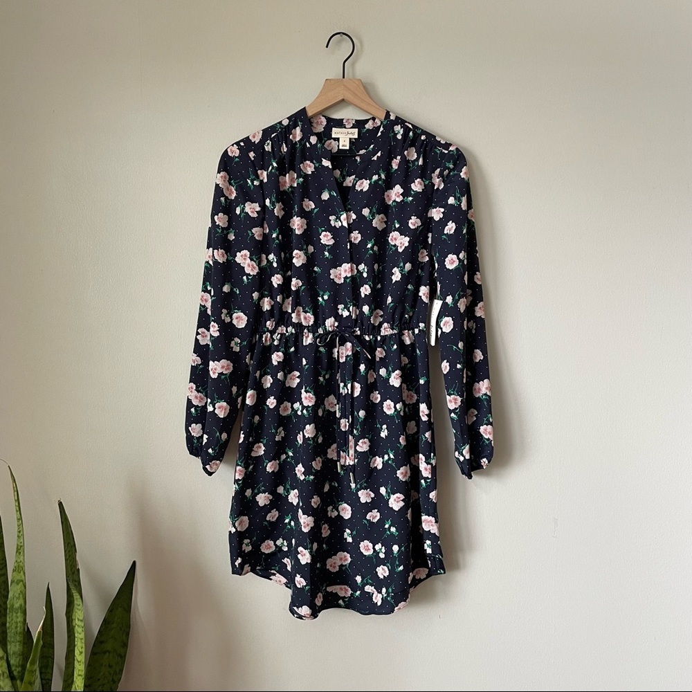 Maison Jules Navy Floral Ruched Tie Waist Shirt Dress - Picture 2 of 6